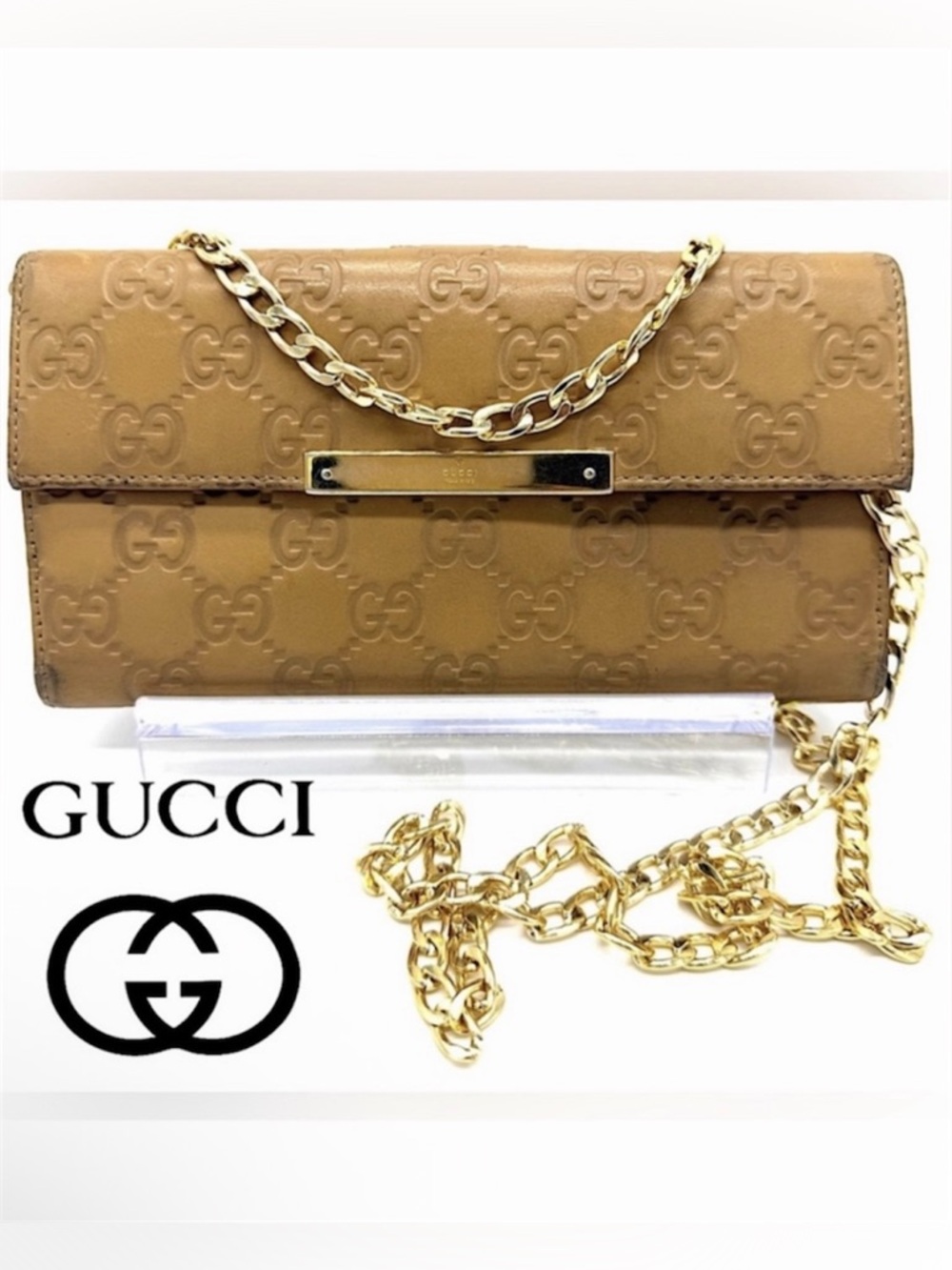 Gucci Guccissima Leather Flap Continental Long Wallet Bifold GG Tan Gold Logo
